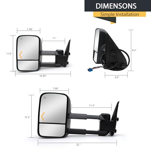 TOEMIRR Towing Mirrors fit for 2003 2004 2005 2006 Chevy Silverado Tahoe Suburban Avalanche GMC Sierra Yukon Cadillac Escalade Heated Power Arrow Lights on Glass Manual Telescopic Black Tow Mirror