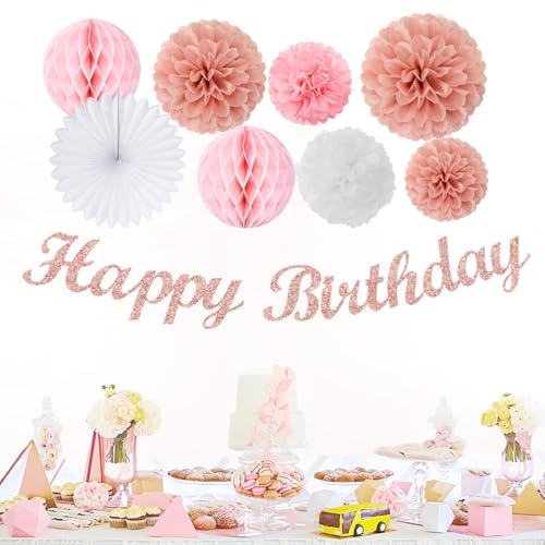 Image of Light-Pink Rose-Gold Birthday Garland Party-Decorations - 14pcs Happy Banner Women Paper Flowers Lanterns Tissue Pom Poms,Streamers Fans Honeycomb Girls Adult Women Kids Hanging Supplies Decor Hugfond