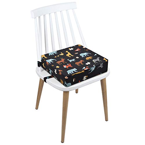 Image of Toddler Booster Seat Dining, Cartoon Canvas Washable 2 Straps Safety Buckle Kids Booster Seat for Dining Table, Portable Travel Increasing Cushion (Elephant-Black)