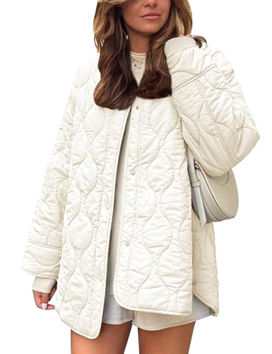 Flygo Women's Oversized Quilted Lightweight Jacket Button Down Puffer Padded Outerwear with Pocket(Beige-M)