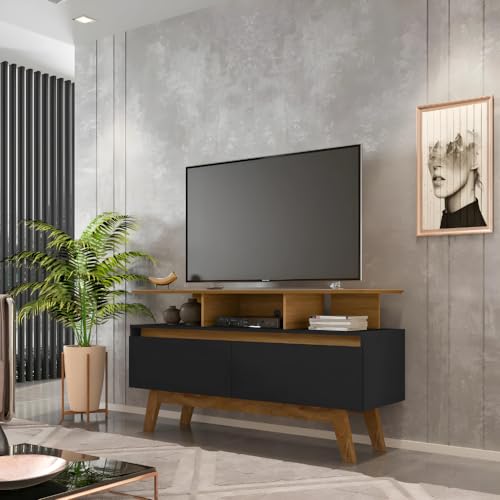 Rack Para Sala Preto E Madeira Tv De 50 Polegadas Com Pés Retro Nicho 120cm Pequeno MDF