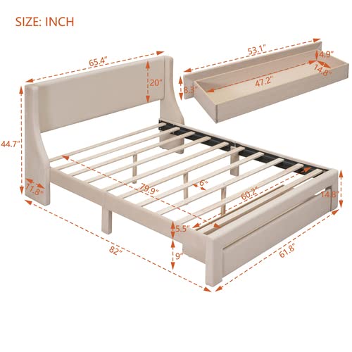 Anwick Queen Size Storage Bed Frame Velvet Upholstered Platform Bed With A Big Drawer, Upholstered Bed Frame With Strong Wooden Slats, No Box Spring Needed, Easy Assembly (Beige, Queen) #TOP1