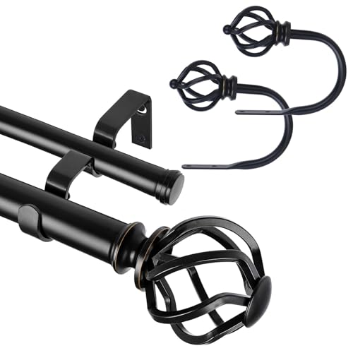 KAMANINA Bundle of 66-120" Double Curtain Rod and Matched Holdbacks 1 Pair, Twisted Cage Finials, Black
