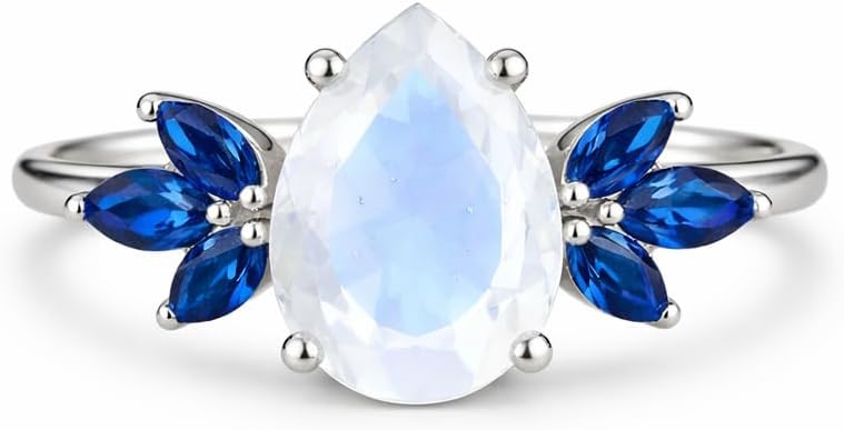 Pear Shaped Moonstone Engagement Ring for Women 14K White Gold Teardrop Ring with Blue Sapphire Marquise Side Stones Vintage Bridal Promise Jewelry Gift for Her