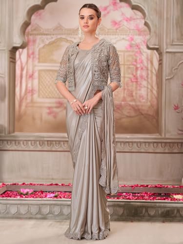 Image of AKHILAM Women's Heavy Georgette Sequence Work & Unstitched Jacket Saree With Unstitched Blouse Piece