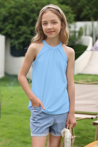 Image of BesserBay Girls Summer Back Button Halter Neck Tank Top Cold Shoulder Casual Blouse Pleated Sleeveless Shirts 5-14 Years