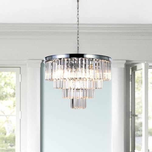 DSRJ HOME Chrome Modern Crystal Chandelier 9 Lights Contemporary Chandeliers Light Fixtures Ceiling Hanging Pendant Lamp for Dining Room Living Room Kitchen Island Foyer W24 Inch