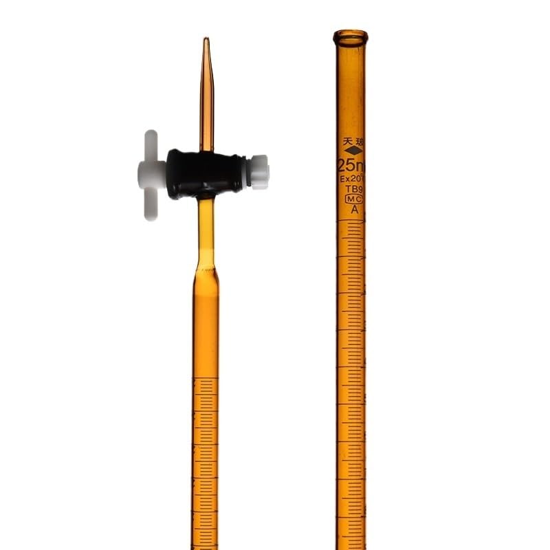 Buretta in Vetro Classe A con Rubinetto PTFE - 10ml, 25ml, 100ml Tubo di Titolazione per Acido & Alcali, Linea Blu Schellbach/Ambrato/Chiaro, Borosilicato 3.3(White acid 25ml)
