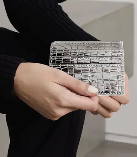 Super Shiny Slim Credit Card Holder Mini Front Pocket Wallet in Mirror Metallic Faux Crocodile pattern (Metalic Pewter)4