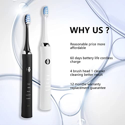 Electric Toothbrush For Adults, Sonic Toothbrush With 4 Brush Heads 1 Calculus Cleaner, Rechargeable Toothbrushes With 5 Modes And Smart Timer, Fast Charge 4 𝐇𝐨𝐮𝐫𝐬 𝐋𝐚𝐬𝐭 90 𝐃𝐚𝐲𝐬 (White) #TOP6