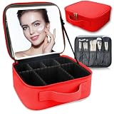 SUILU Makeup Bag with Led Mirror,Travel Makeup Organizer with 3 Color Setting, Portable Storage and Adjustable Dividers Travel Makeup Bag(red)
