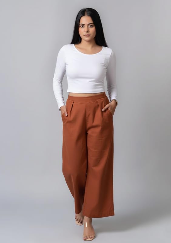 Image of Moirai Pure Cotton Wide Leg Women Trouser Stylish Mid Rise Relaxed Straight Fit Loose Pants Casual Travel Office Formal Wear