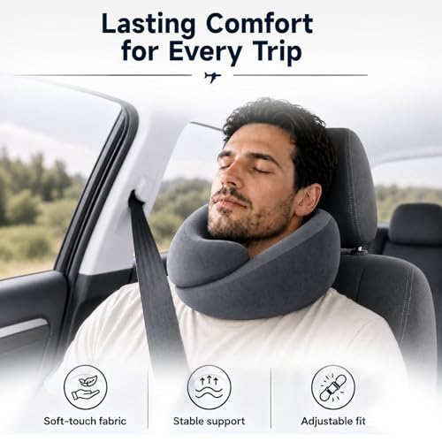 Travel Neck Pillow for Airplanes, Memory Foam Airplane Pillow with Wrap-Around Neck & Chin Support, Travel Pillow with Carry Bag, Eye Mask & Earplugs for Long Flights, Car Rides & Road Trips, Gray — view 5