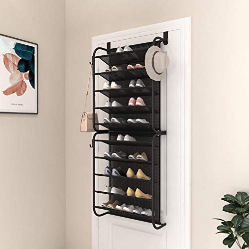 FKUO 10-Tier Over The Door Shoe Organizer Hanging Shoe Storage with 2 Customized Strong Metal Hooks for Closet Pantry Kitchen Accessory - Space Saving Solution (10 Layer, N-Black)