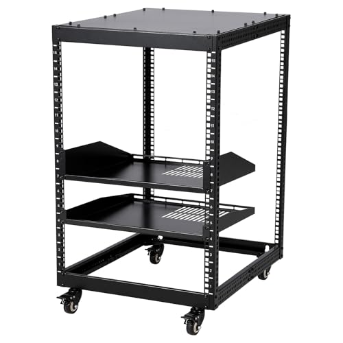 10U Open Frame Server Rack, 23''-40'' Adjustable Depth, Wall Mount & Free Standing Network Rack with 4 Lockable Casters & 2pcs 1U Server Rack Shelf, Holds All Your IT/AV Equipment Rack