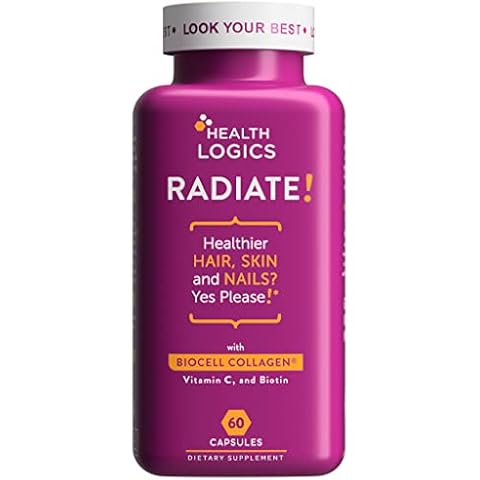 Health Logics Radiate | Hair Skin & Nails with Biotin, BioCell Collagen, Vitamin C, Hyaluronic Acid | Clinically Evaluated to Reduce Facial Lines, Wrinkles, Crows Feet & Promote Joint Comfort Cover