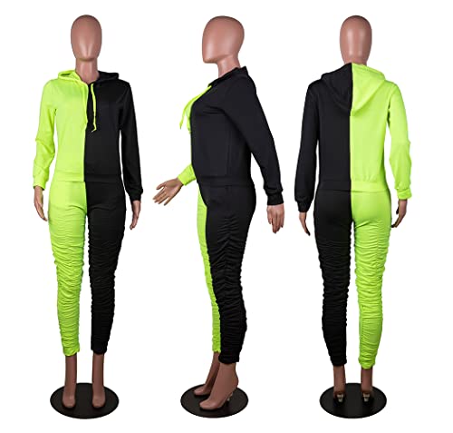 Elosele Women Color Block Two Piece Outfits Drawstring Hooded Sweatshirt Ruched Skinny Pant Set Loungewear Sport Jumpsuit A-Yellow&Black M #TOP4