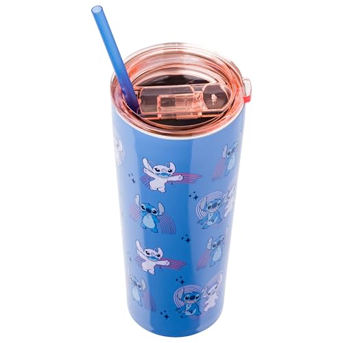 Image of Silver Buffalo Disney Lilo and Stitch Featuring Angel and Stitch Double Walled Stainless Steel Tumbler, 22 Ounces