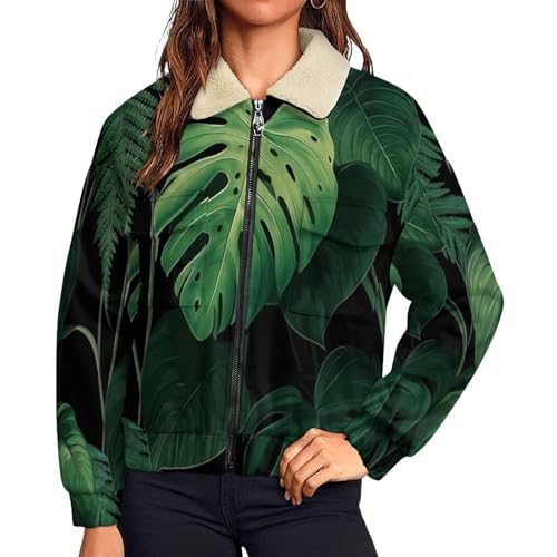 Abrigo polar de invierno para mujer con estampado de Monstera y cremallera