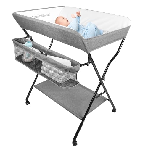 Table à Langer Pliante avec Panier de Rangement à Côté Structure en Fer Charge Max 25KG pour Nouveaux-Nés Design Ergonomique,Table à Langer Pliable et...