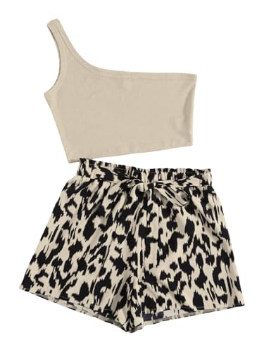 Floerns Women's 2 Piece Outfit One Shoulder Sleeveless Crop Top and Leopard Shorts Set Beige Multi X-Small
