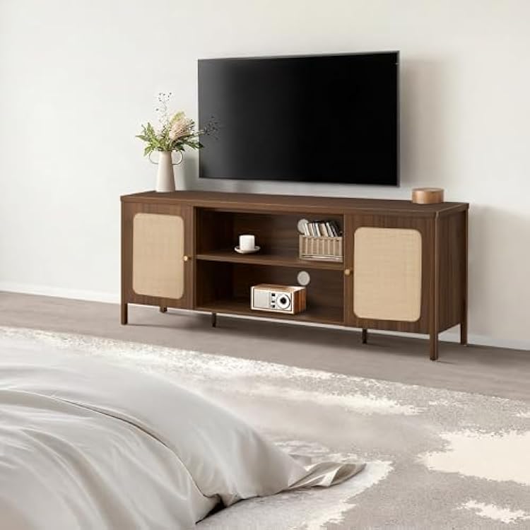KISLOT Rattan TV Stand for TVs up to 75'' Boho Entertainment Center with Adjustable Shelf Television Stand with 2 Storage Cabinets Media Console Wooden TV Cabinet for Living Room Bedroom,Walnut
