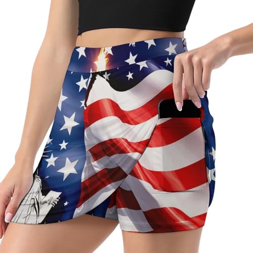 Women Basic Statue of Liberty American Flag Patriotic Flowy Shorts Mini Skirt, Golf Skort Mid Waist Circle Skater Skirt, Comfortable and Secure