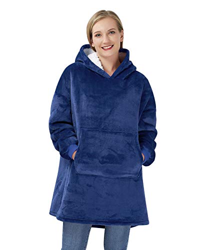 ALISISTER Übergroße Sherpa Hoodie Decke Soft Cozy Navy Blau Blanket Hoody Pulli Kapuze Sweatshirt Unisex Weiche Warme Wearable Pullover mit Gaint Tasche Cover
