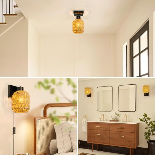 Image of CHICLUX Boho Rattan Plug in Wall Sconces, Farmhouse Wall Lamps Set of Two，Boho Rattan Sconces Wall Lighting Rustic with 330Adjustable Lampshade Suitable for Living Room, Hallway(Bulbs Not Included)
