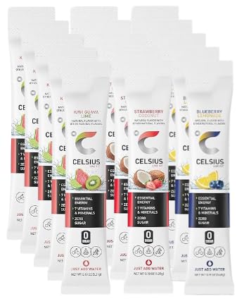 CELSIUS Live Fit On-the-Go Powder Stick 3 Flavor Variety Pack, Zero Sugar - Kiwi Guava Lime, Strawberry Coconut and Blueberry Lemonade Pack of 15 (5 of Each Flavor)