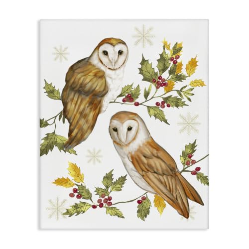 'Peaceful Barn Owl Perched Holly Berry Sprigs'| Canvas Art