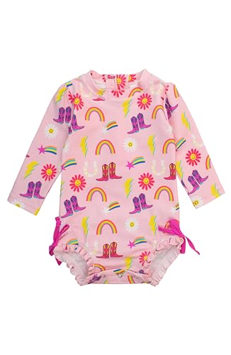 RuffleButts Baby Girls UPF 50+ Sun Protection Novelty Print Long Sleeve One Piece Rash Guard Swimsuit with Zipper - Cowgirl Cutie, 3T