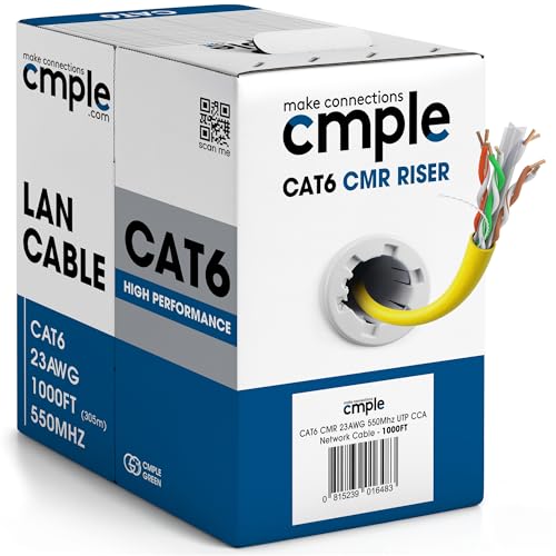 Cmple - Cat6 Cable 1000ft Bulk Lan Ethernet Cat 6 Wire Network UTP 23AWG CMR Riser 10Gbps 550 MHz Pull Box 1000 Feet, Yellow