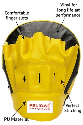 Image of FELIDAE Focus Pads for Boxing & MMA Training | Curved Punch Mitts for Kickboxing, Muay Thai & Martial Arts | Durable PU Leather Hand Target Pads for Punch Accuracy & Speed | Red Black (Yellow /Black)