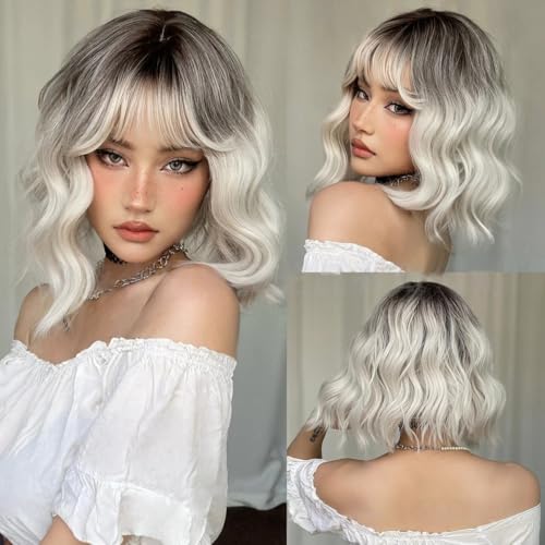 Umbrion Platinum Blonde Short Bob Wig Human Hair With Bangs