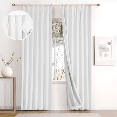 IVAPUPU Thick Linen Blend Pinch Pleated Blackout Curtains for Bedroom - 2 Pages Black Out White Curtains 63 Inch Long 2 Panel for Living Room Darkening Thermal Window Curtain Drapes with 16pc Hooks