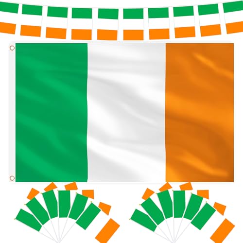 AhfuLife Irish Flag Set for St. Patrick's Day, Includes 1 Pc Ireland 3x5 Ft Flag, 1 Irish String Banner with 30 Pcs Flags, 12 Pcs Ireland Hand Held Stick Flags, Double Sided for Outdoor Indoor Decor
