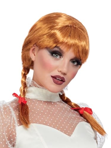 Smiffys Porcelain Doll Wig, Auburn with Plaits & Ribbons, Halloween Fancy Dress Accessory, Halloween Fancy Dress Accessories Dress Up Masks
