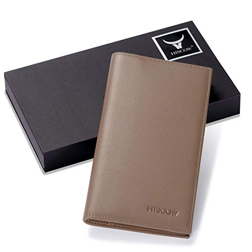 Image of HISCOW Slim Leather Checkbook Cover for Personal Checks, Premium Elephant Gray, One Size | Full grain cowhide, transaction register & check book pockets, removable duplicate divider, durable stitching, gifts for men