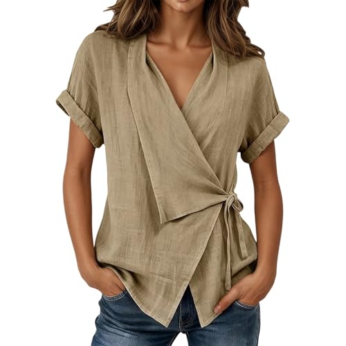Houjibfa Wrap Blouses for Women Casual Trendy V Neck Short Sleeve Tie Side Blouse Summer 2026 Loose Comfortable Linen Shirts Khaki
