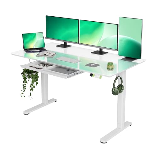 Image of INNOVAR Glass Standing Desk with Drawers 55 x 27.6 Inch Super White