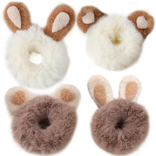 Fluffy Scrunchies Scrunchies For Girls, 4Pcs Elastic Fluffy Scrunchies Rabbit/Bear Ear Cute Scrunchies Plush Fluffy Hair Ties Portable Thick Hair Bobbles