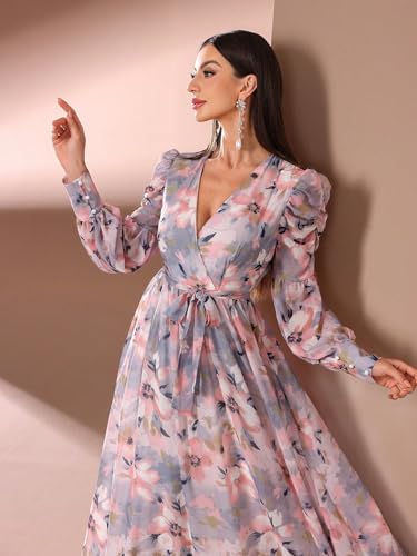 Image of TOLEEN Summer Casual Dresses for Women 2024 Spring Fashion Boho V Neck Long Sleeve Ruffle Floral Print Elegant Maxi Dress
