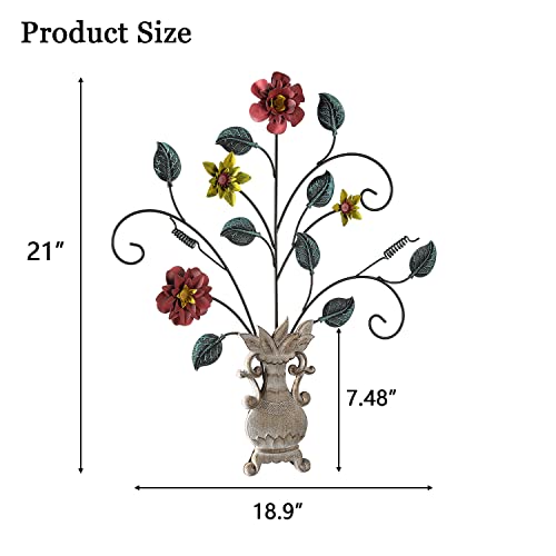 Metal Flowers Wall Decor 17.7'' X 20.67'', Metal Flower Wall Art, Decorative Wall Sculpture With Flowers And Wooden Vase, Modern Metal Wall Hanging For Home Bedroom Living Room Patio Hotel Decor #TOP2