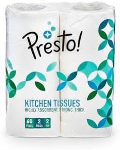 Amazon Brand - Presto! 2 Ply Kitchen Tissue Paper Roll | 120 Pulls | 60 Kitchen Towels X 2 Rolls | Soft And Highly Absorbent | 100% Natural Virgin Cellulose Fiber