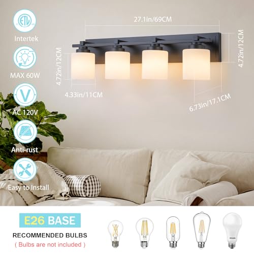 BrkNit Modern Bathroom Light Fixtures Over Mirror, Vanity Lights for Bathroom Wall Sconces with Milky White Glass Shades, E26 Socket (Bulbs Not Included), 4 Light, Black by BrkNit - Used condition - Image 5