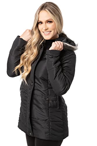 Sobretudo Jaqueta Feminina Com Capuz Removível Frio Inverno (Preto, M)