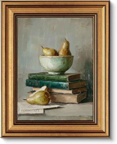Vintage Gold Framed Still Life Canvas Wall Art, Country Kitchen Farmhouse Painting Picture Wall Decor, Pears Books Poster Print Artwork for Study, Bedroom, Dormitory, Home Decoration, 9X11in