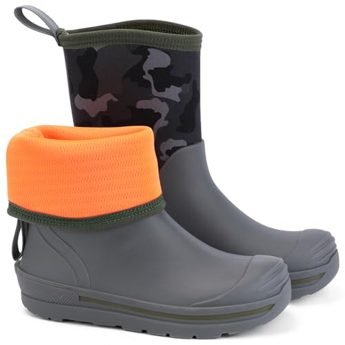 Showave Kid's Rain Boots Waterproof Rubber Mud Boot Boys Girls Insulated Durable Neoprene Outdoor Boots All Seasons, Olive 6 Big Kid