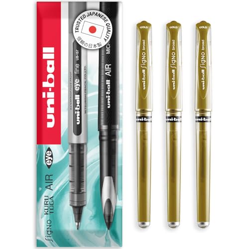 Image of uni-ball Signo Pen - UM-153 Broad Metallic Gel Ink Rollerball - Metal 1.0mm Tip Nib - Rubber Grip - In Envelope Gift Packaging (Pack of 3, Gold)